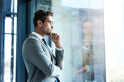 Buy stock photo Corporate man, thinking and window in office for business investment, brainstorming and company growth. Financial director, vision and planning in workplace for career development, goals and proposal