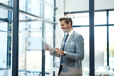 Buy stock photo Glass, smile and tablet with business man in corporate office for administration or research. Accounting, financial management and trading with happy broker in workplace for stock market investment