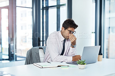 Buy stock photo Headache, stress and man on laptop in office frustrated with glitch, mistake or crisis. Anxiety, vertigo and male business person angry with failure, 404 or bad review, deadline report or burnout
