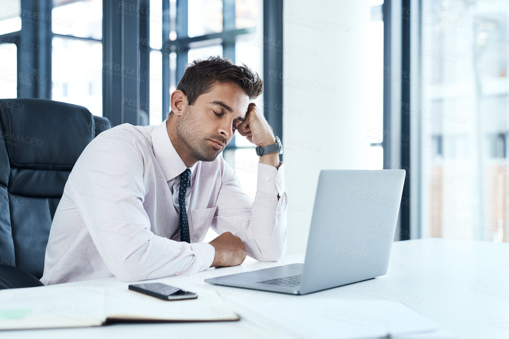 Buy stock photo Fatigue, laptop and sleeping with employee man at desk in office for break, dreaming or rest. Burnout, computer and tired with exhausted business person in workplace for administration deadline