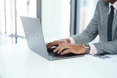 Buy stock photo Finance, hands and laptop with business person at desk in office for investment or savings. Accounting, computer and typing with professional accountant in corporate workplace for online trading