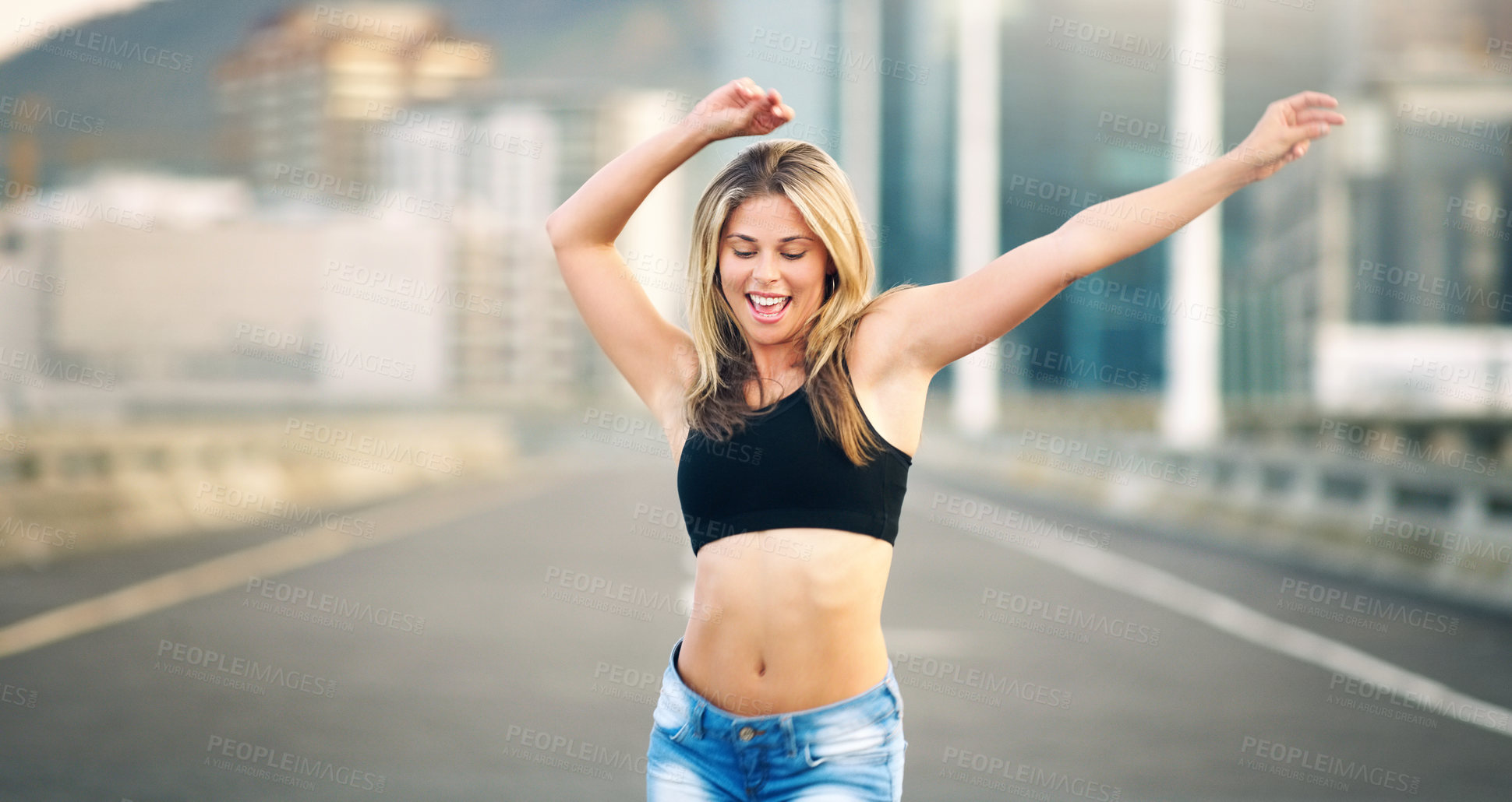 Buy stock photo Woman, road and happy with street dancing as talent or hobby for fun, enjoy and skill in California. Female dancer, energy and smile for passion or career and practice for fitness and exercise