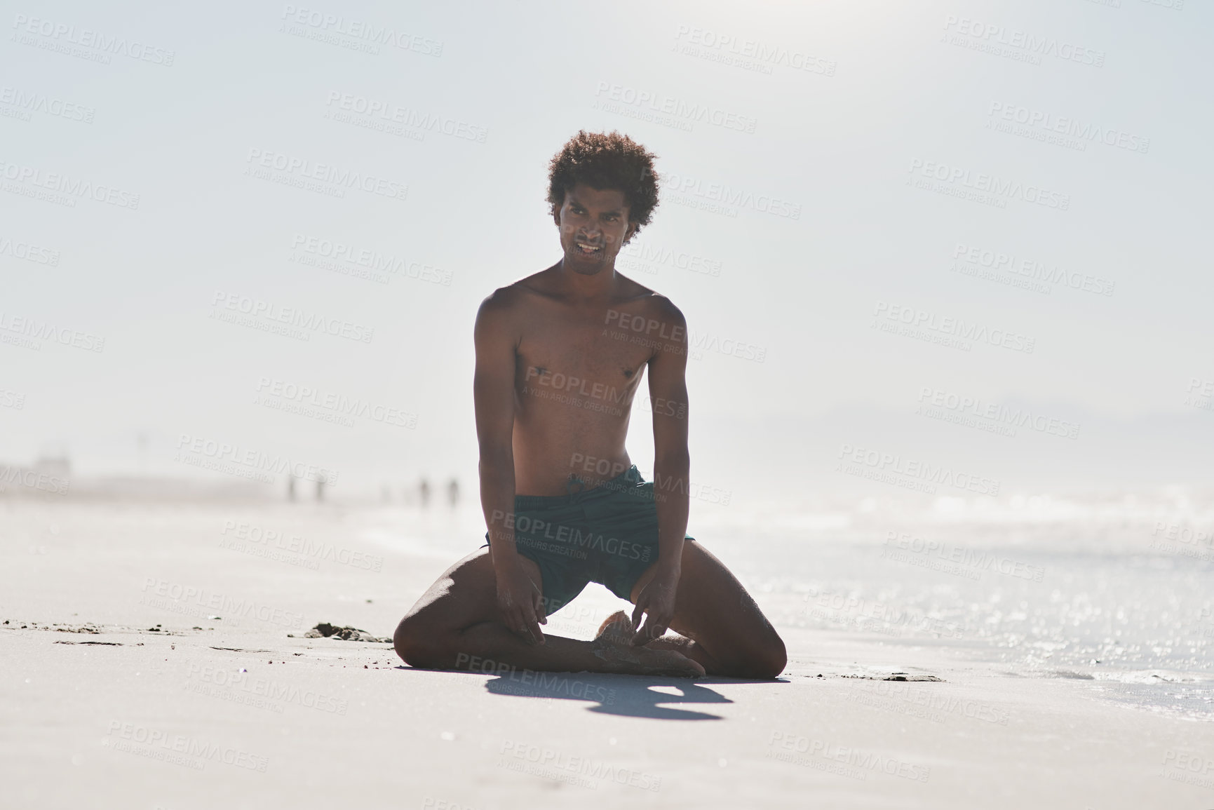 Buy stock photo Black man, dancer and tired in outdoor on beach, art and waves for break from performance on sand. Male person, artist and breathe by ocean on vacation to rest, exercise and practice sequence at sea