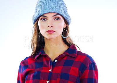 Buy stock photo Cropped shot of a young woman posing against a white background