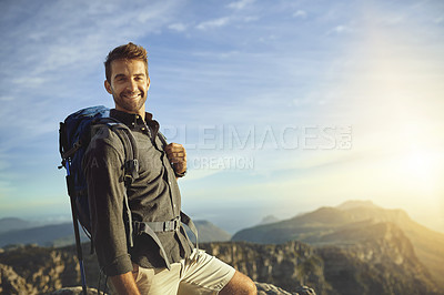 Buy stock photo Portrait, mountains and hiking with man, fitness and journey with nature, sunshine and adventure. Hobby, person and hiker with backpack, health and environment with happiness, holiday or getaway trip