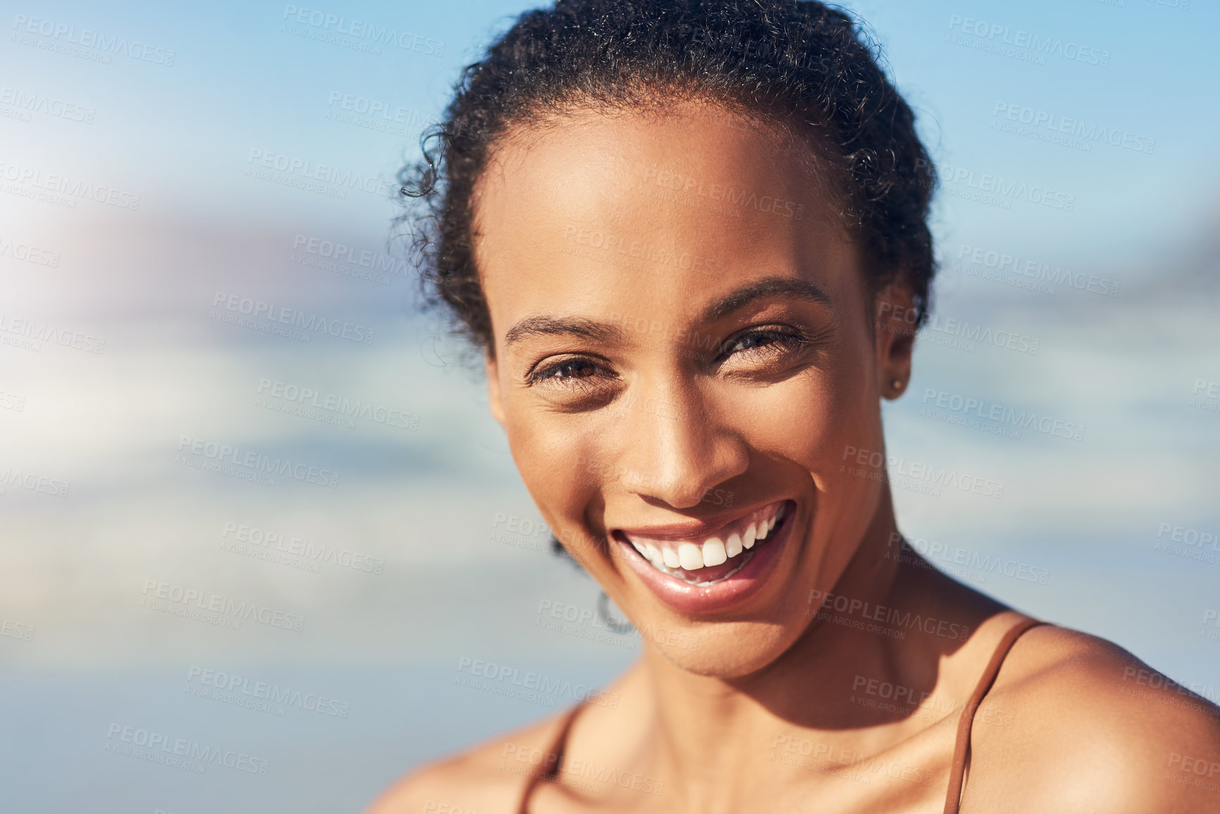 Buy stock photo African woman, smile and beach portrait for summer vacation, travel adventure and wellness with sunshine. Latina girl, face and happiness by ocean for tropical holiday, island and relax in Costa Rica