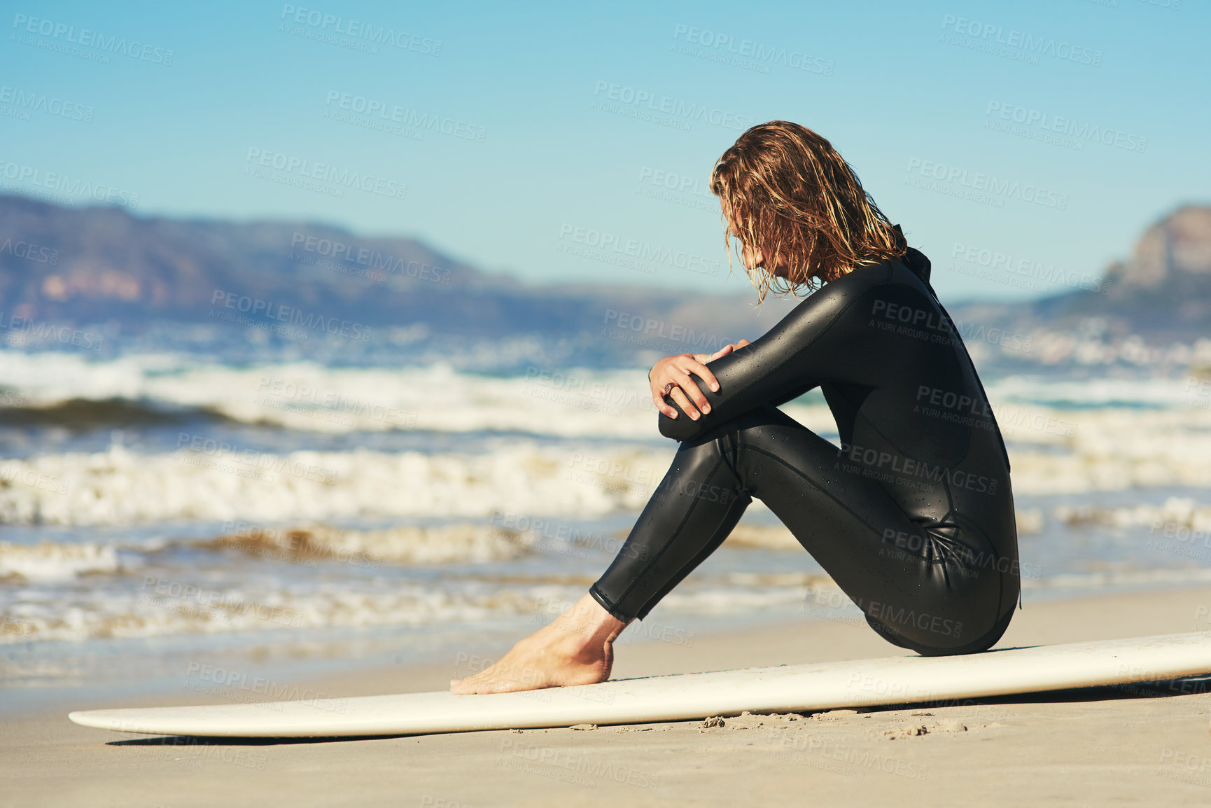 Buy stock photo Relax, thinking and man with surfboard at a beach for summer, sports or workout, training or adventure in nature. Water, hobby and surfer at ocean for wellness, travel and vacation break in Canada