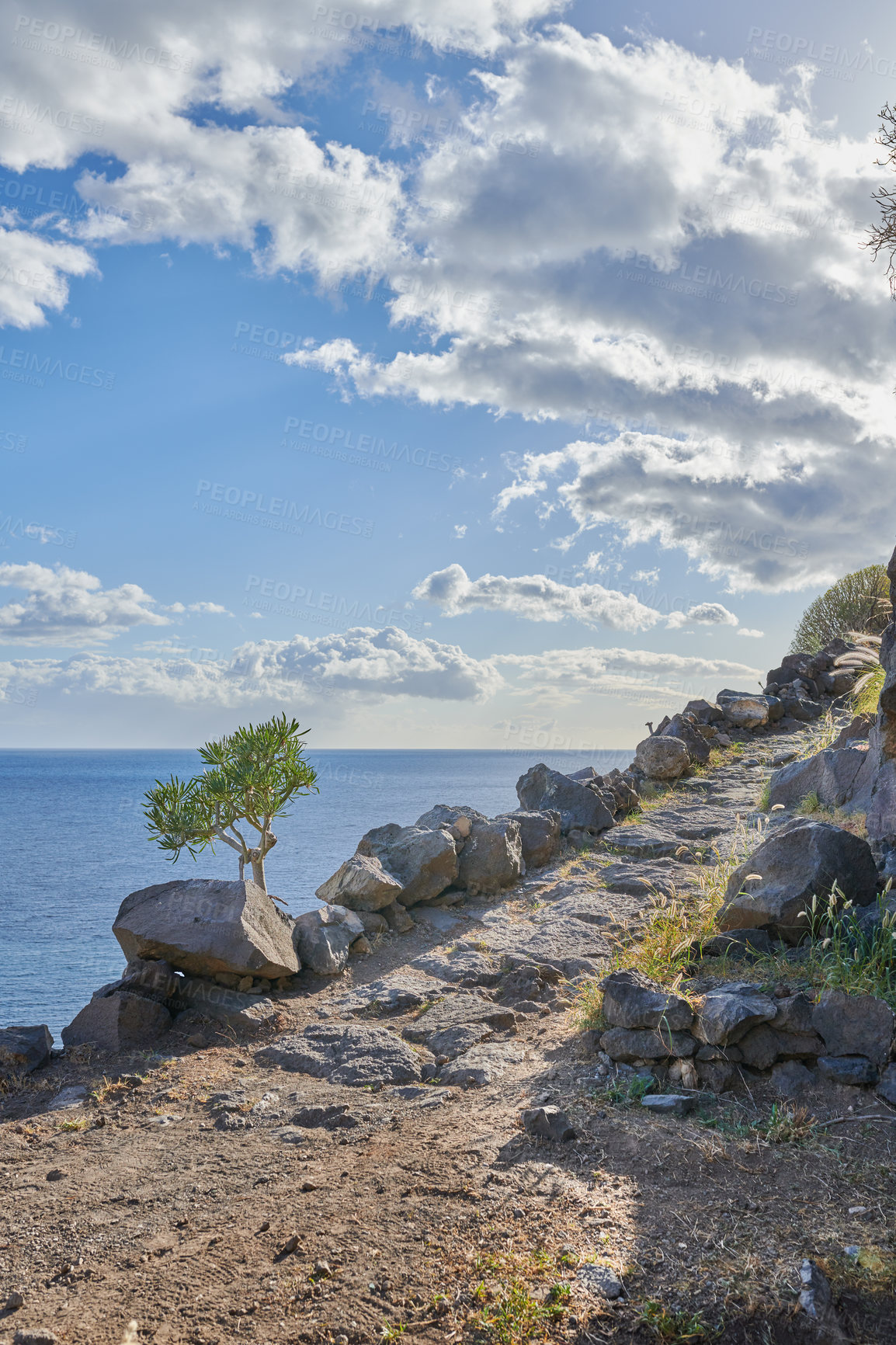 Buy stock photo Mountain trails on La Palma, the west coast, Canary Island, Spain, Aerial view