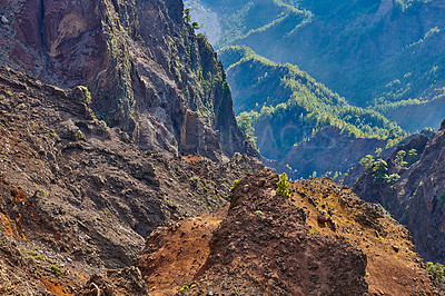 Buy stock photo Rough landscape of volcanic hiking terrain and dangerous steep sides. Scenic mountain view of Roque de Los Muchachos in La Palma, Canary Islands, Spain. Popular travel or overseas tourism destination