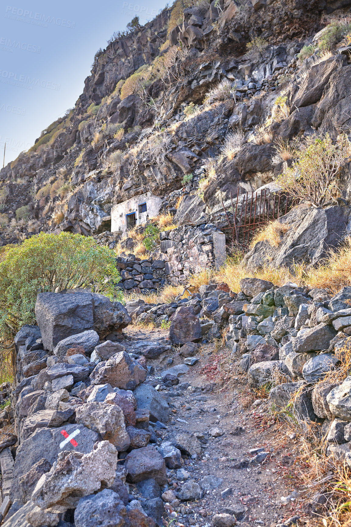 Buy stock photo Mountain trails on La Palma, the west coast, Canary Island, Spain, Aerial view