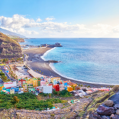 Buy stock photo Puerto de Tazacorte - Small village with black beach, La Palma, Spain