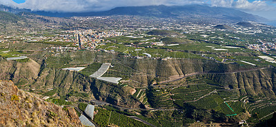 Buy stock photo Drone, environment and landscape with nature, view and mountain with ecology and growth in spain. Travel, tourism and la palma with plants, countryside and sustainability for agriculture destination