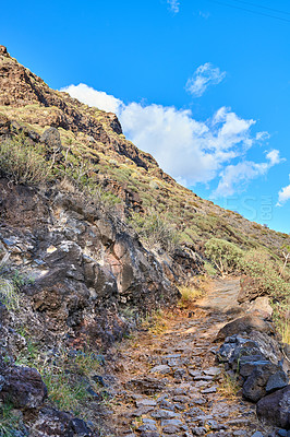 Buy stock photo Mountain trails on La Palma, the west coast, Canary Island, Spain, Aerial view