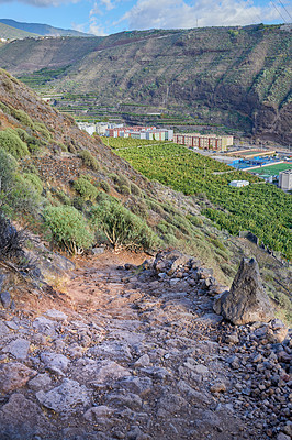 Buy stock photo Mountain, environment and landscape with steps, path and horizon with ecology and growth in Spain. Travel, tourism and La Palma with blue sky, countryside and sustainability for outdoor destination