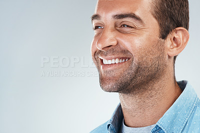 Buy stock photo Thinking, mockup space and face of man with smile for brainstorming, ideas and cheerful. Thoughtful, happy and confident model on white background for choice, decision and wondering in studio