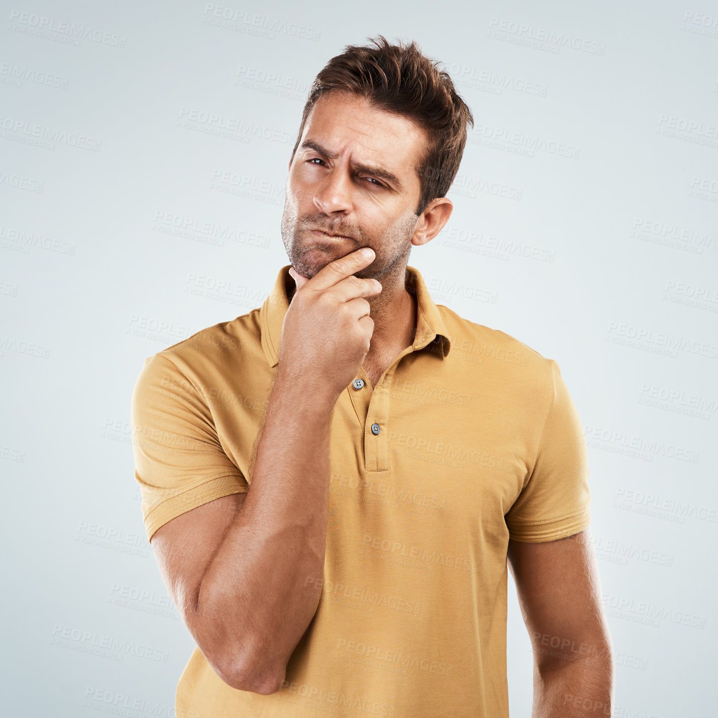 Buy stock photo Thinking, confused and portrait of man in studio with doubt, unsure or idea with face expression for planning. Question, remember and male person with curious, choice or decision by white background.