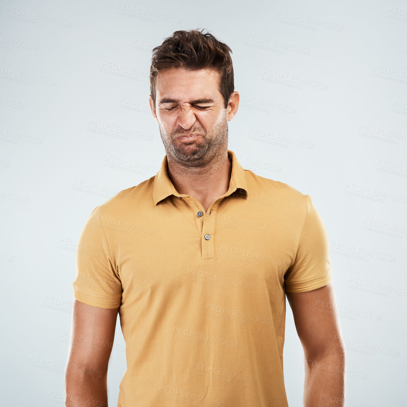 Buy stock photo Problem, man and bad smell in studio with disgust for body odor, gas or gross on white background. Stink, eyes closed and holding breath with facial expression for poor hygiene, dirt or air pollution