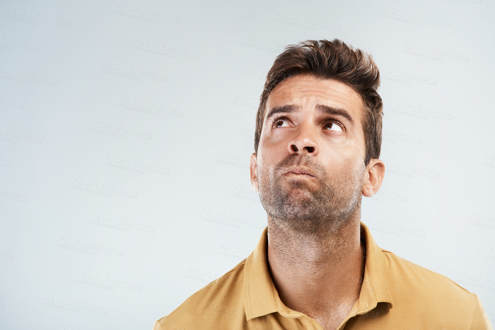 Buy stock photo Confused, man and thinking in studio for solution, problem solving and unsure with space for question or answer. Male person, thoughts and idea on white background with confusion, pensive and choice.