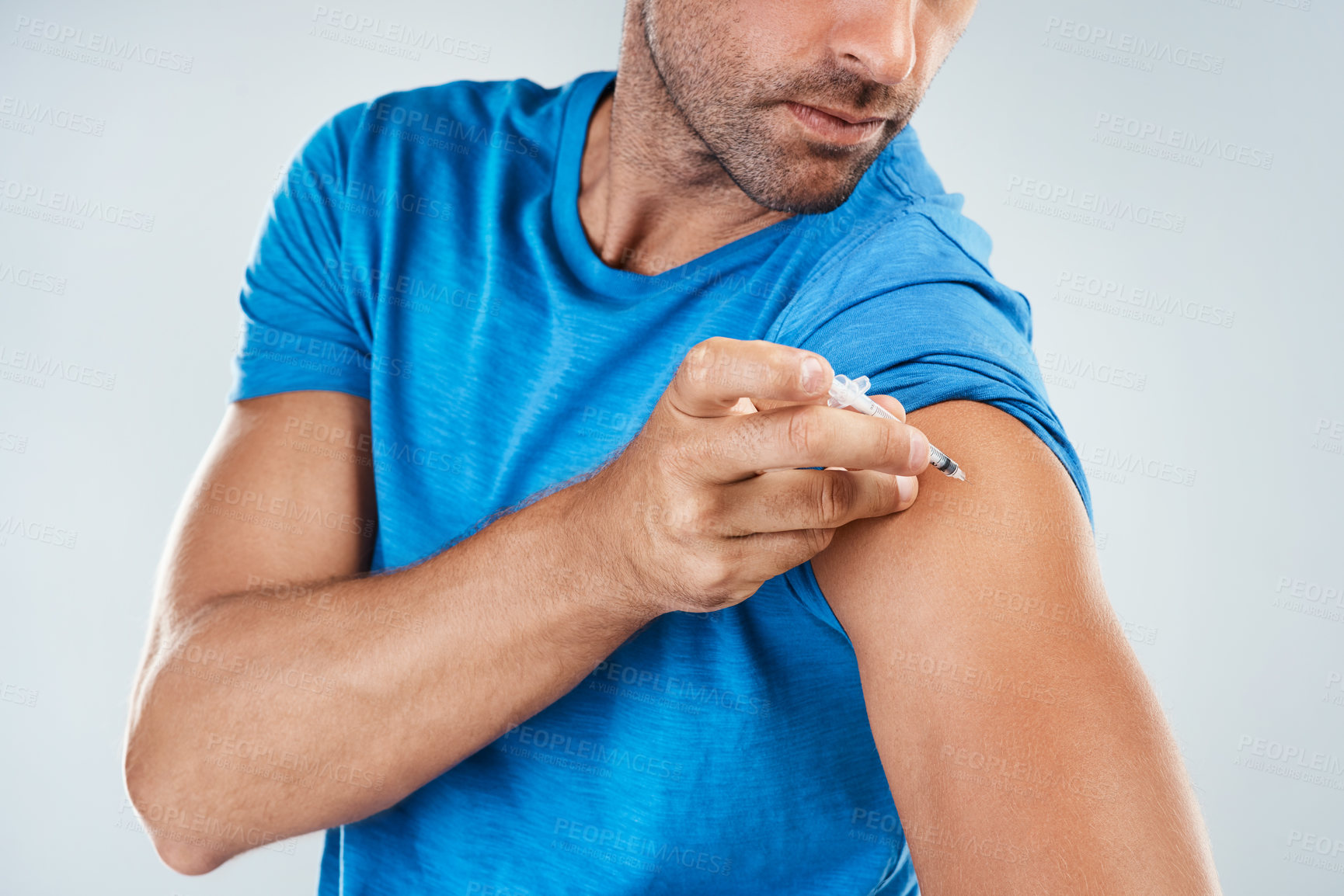 Buy stock photo Arm, man and studio with injection for diabetes as treatment on white background. Male person, needle and insulin for chronic illness with medication for healthcare, medical and wellbeing or wellness