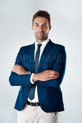 Buy stock photo Business, man and arms crossed for portrait in studio for corporate career in hr management for employee relations. Male person, smile and white background with job pride, professional and confident