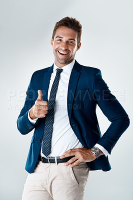 Buy stock photo Business, man and thumbs up with portrait in studio for corporate career in hr management for employee relations. Male person, hand gesture and yes sign for recruitment vote and white background.