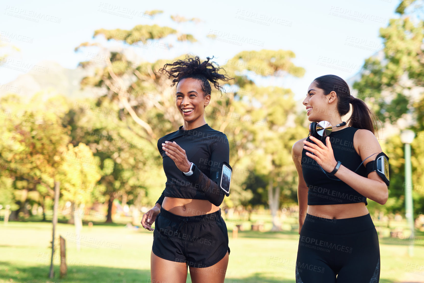 Buy stock photo Friends, women and fitness with jogging in park with happiness for workout and cardio in Atlanta. People, running and smile or confident with exercise for health, wellness and self care on race