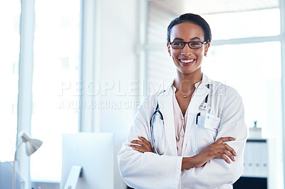 Buy stock photo Doctor, portrait and confidence in hospital for healthcare, medical consulting and cardiology advice. Black woman, happy and crossed arms in clinic for wellness, health and experience in medicine