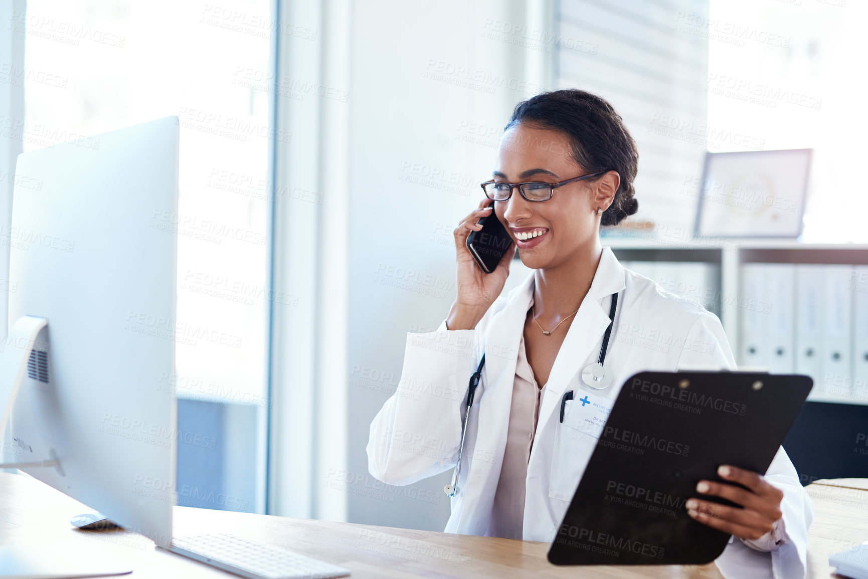 Buy stock photo Woman, doctor and phone call with computer in office for medical results, appointment schedule or virtual advice. Medicine, clipboard or telehealth with online consultation, checkup and happy to help