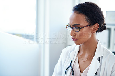 Buy stock photo Online research, woman and doctor in clinic for healthcare, health and wellness in hospital. Computer, medical article or professional physician writing report, telehealth or digital consultation