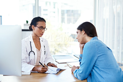 Buy stock photo Women, doctor and consultation with patient in office with discussion, gynecology checklist or medical advice. People, healthcare and documents for exam results, fertility clinic and surgery planning