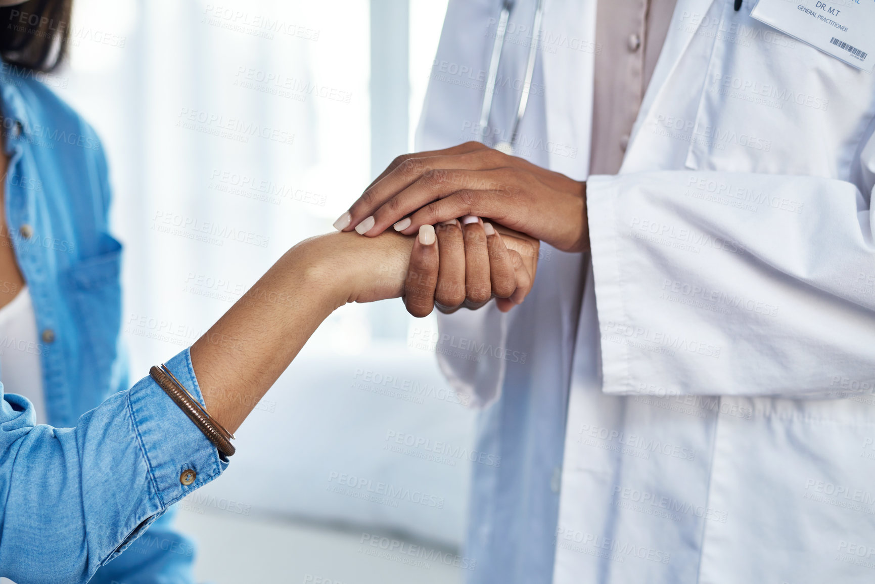 Buy stock photo Holding hands, empathy or doctor with woman for support, medical diagnosis or bad news in clinic. Closeup, consulting or gynecologist with sick patient for sympathy, infertility results or gynecology