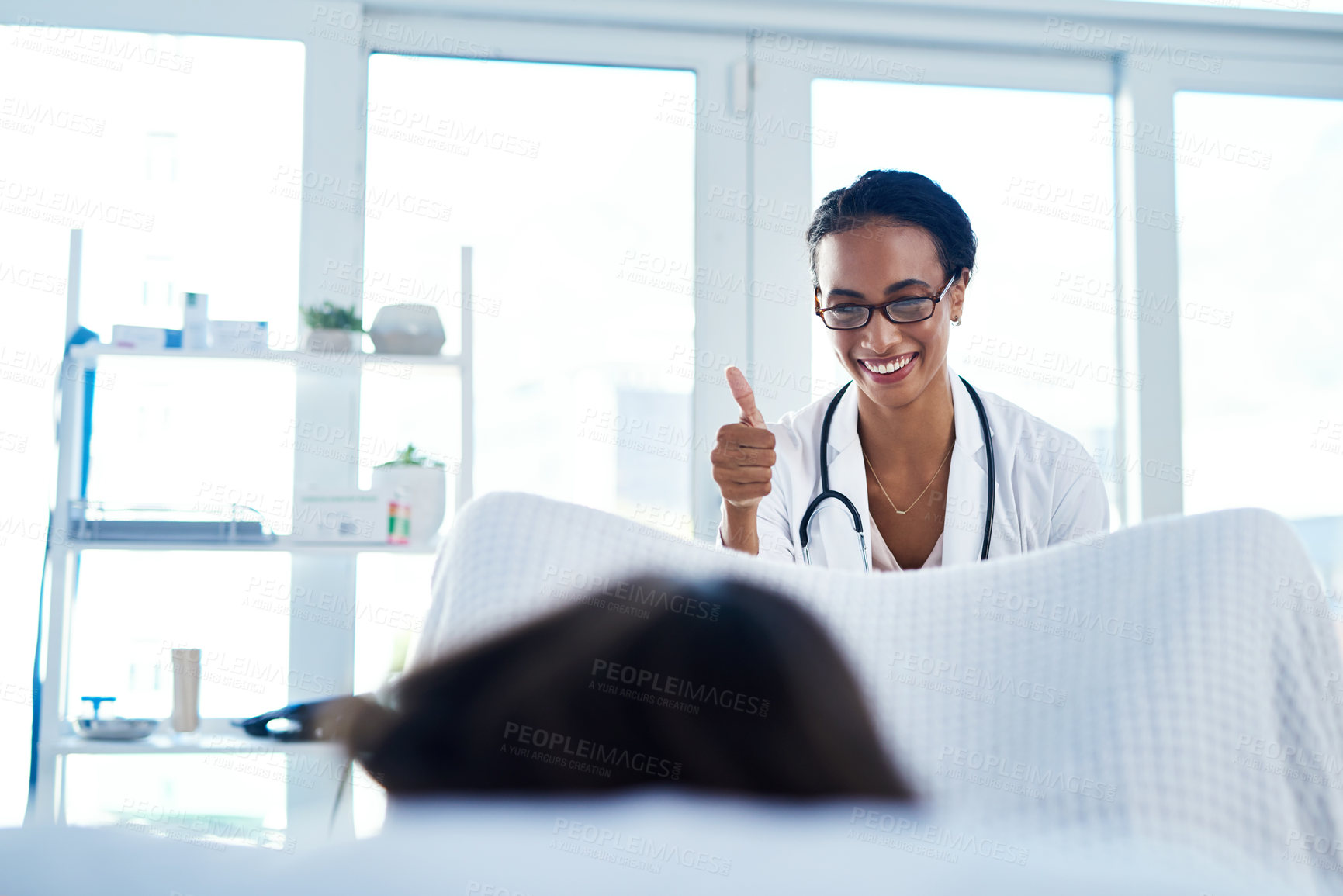 Buy stock photo Gynaecologist, thumbs up and patient with checkup at clinic for pelvic exam, pap smear and vaginal examination. Gynecology, women and medical assessment, pregnancy planning and treatment at hospital
