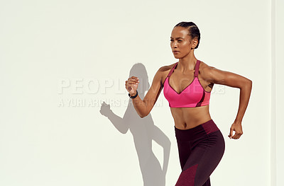 Buy stock photo Woman, fitness and running on mockup for workout, exercise or healthy cardio training outdoors. Fit, active and sporty female person or runner exercising for health and wellness on mock up space