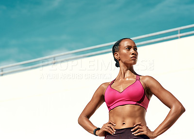 Buy stock photo Sports, serious fitness and woman with mockup, blue sky at outdoor gym for health and wellness. Workout, exercise and power, athlete with focus and mock up space for healthy mindset for summer goals.