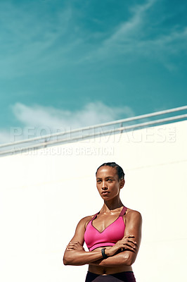 Buy stock photo Sports, fitness and woman with arms crossed, mockup and sky at outdoor gym for health and wellness. Workout, exercise and serious athlete with focus, target and healthy mindset for fit summer goals.