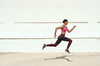 Buy stock photo Woman, fitness and running on mockup for training, exercise or healthy cardio workout outdoors. Fit, active and sporty female person or runner exercising for health and wellness on mock up space