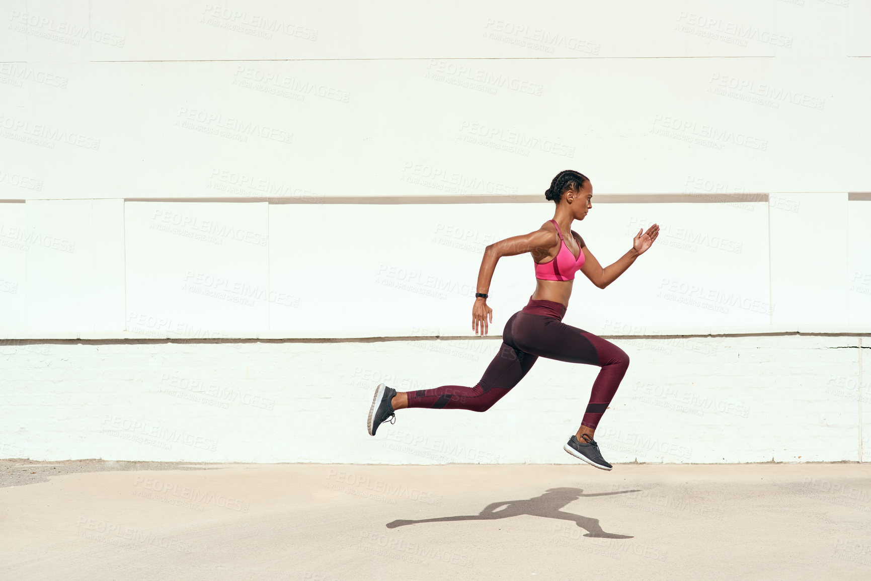 Buy stock photo Woman, fitness and running on mockup for training, exercise or healthy cardio workout outdoors. Fit, active and sporty female person or runner exercising for health and wellness on mock up space