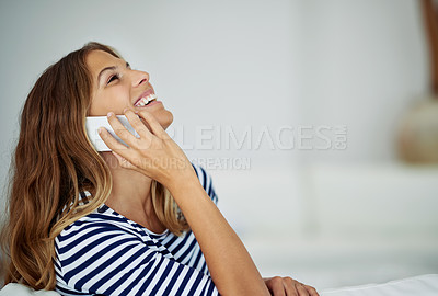 Buy stock photo Happy, woman and relax with phone call on sofa for discussion, online and communication on weekend. Smile, connection and female person with tech at home for contact, conversation and digital chat