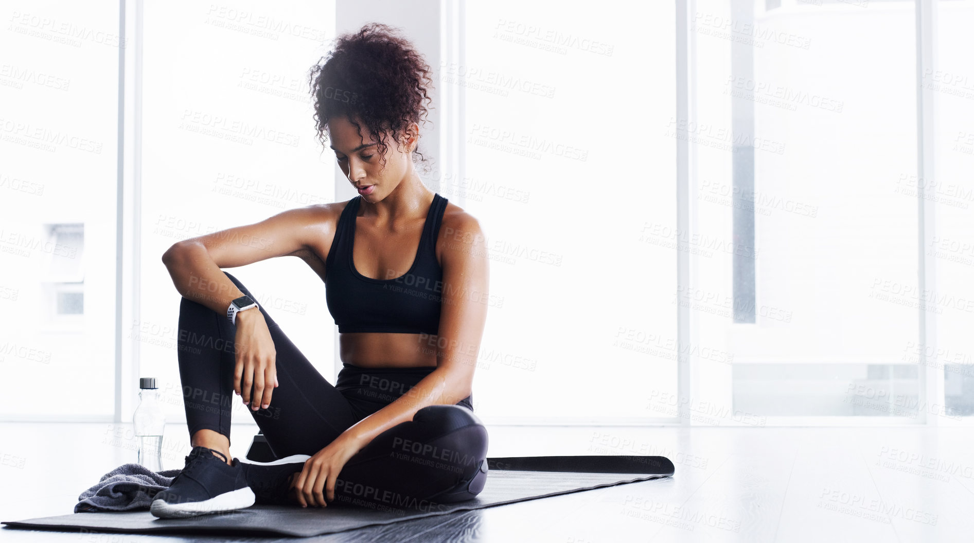 Buy stock photo Woman, fitness and tired of workout with break in gym for exercise, physical activity or overworked on floor. Athlete, person and rest on mat to relax, recovery or exhausted from training for health