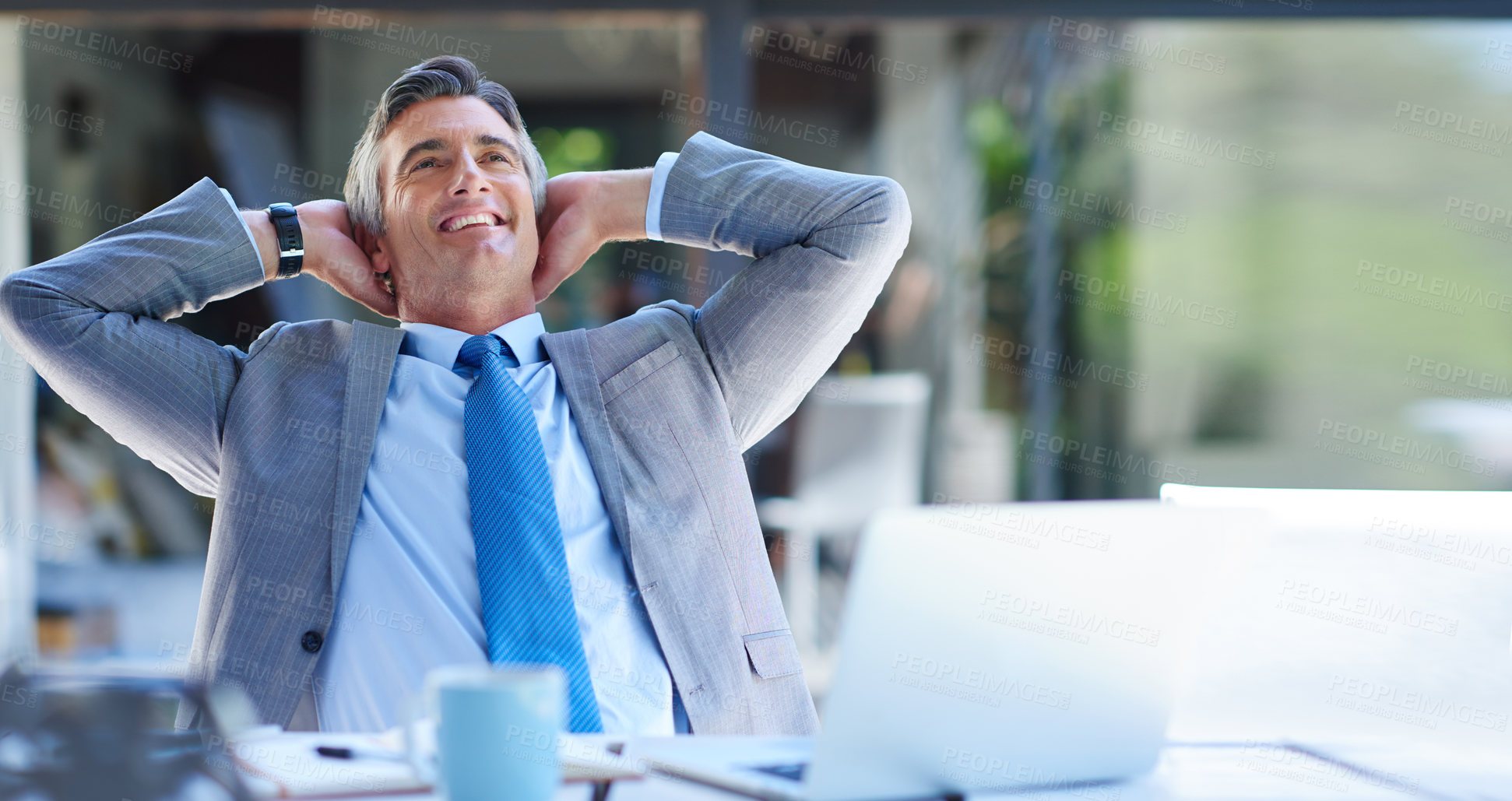 Buy stock photo Man, stretching and happy in office for business, relief or thinking of future in company. Mature estate agent, smile or relax in property agency for positive feedback, productive day or satisfaction