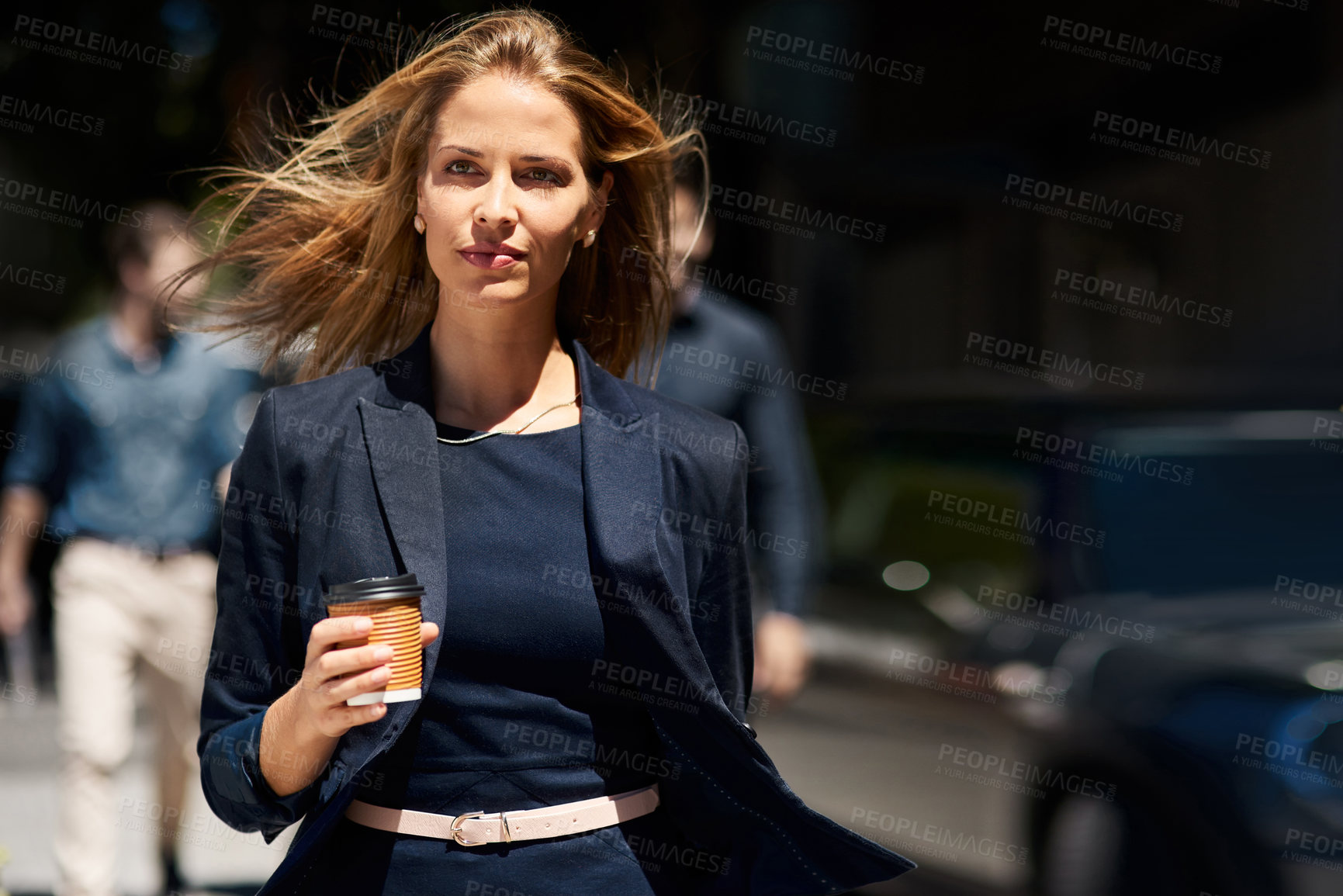 Buy stock photo Serious, walking and businesswoman in city with coffee for morning commute and travel to work. Town, confident attorney or punctual lawyer with beverage on street for urban journey or court case date