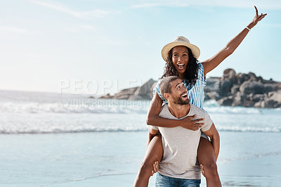 Buy stock photo Adventure, beach and piggyback, couple with blue sky, space and mockup on holiday travel to ocean. Love, happy man and excited woman at sea with happiness on date in sunshine and vacation in Mexico.