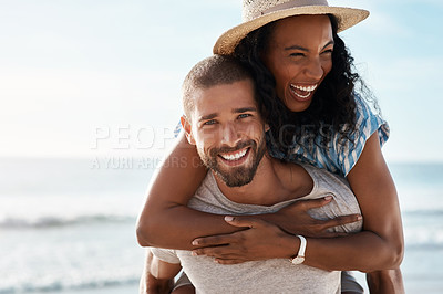 Buy stock photo Sea, piggyback and portrait of happy couple with sky, waves and romantic summer sea holiday for travel with space. Love, man and woman at beach with mockup, adventure and vacation together on island.