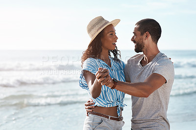 Buy stock photo Happy, couple and dance with waves at beach for outdoor travel, adventure and honeymoon holiday. Man, woman and celebration with smile by ocean for love, marriage connection and vacation in Cancun