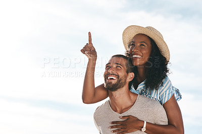 Buy stock photo Sky, piggyback and happy couple pointing at space with nature on romantic summer holiday travel and mockup. Love, man and woman on adventure with happiness on date,  romance and vacation together.