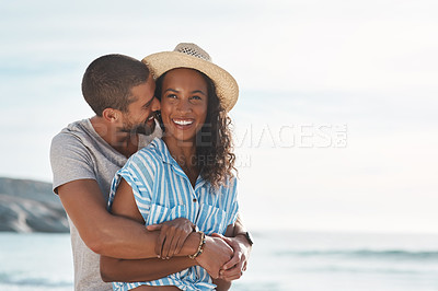 Buy stock photo Love, adventure and hug with interracial couple, beach and happy people for anniversary on holiday together. Romance, man and woman with ocean, summer and relax with sunset mockup space on vacation