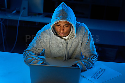 Buy stock photo Black man, night or hacker with laptop for cybercrime, malware or phishing for stealing online. Programmer, hoodie and software update on technology with dark hacking expert writing algorithm system