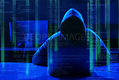 Buy stock photo Person, hoodie or hacker with code overlay of cybersecurity problem with coding graphic for cybercrime. Programmer, night and software update on laptop with hacking expert writing algorithm system