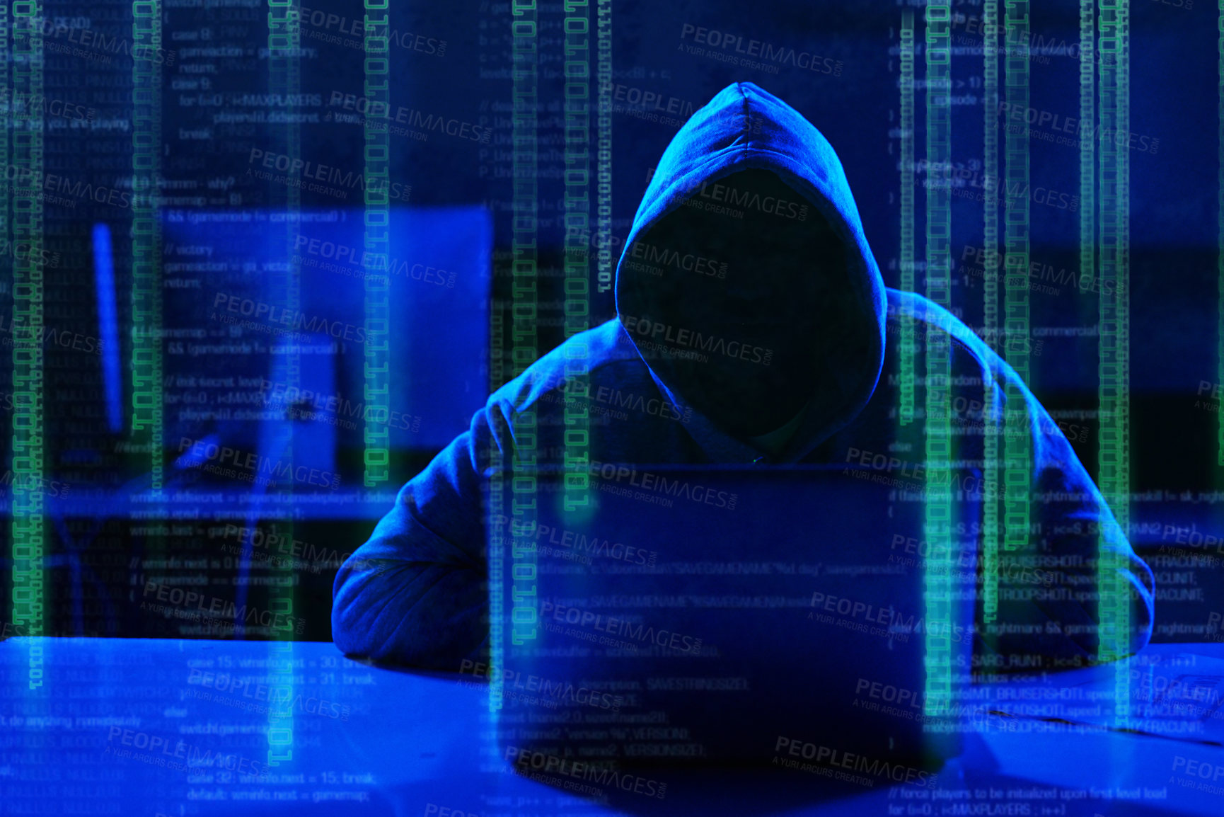 Buy stock photo Person, hoodie or hacker with code overlay of cybersecurity problem with coding graphic for cybercrime. Programmer, night and software update on laptop with hacking expert writing algorithm system