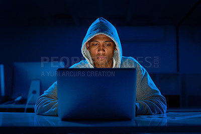 Buy stock photo Black man, hoodie or hacker with laptop for cybersecurity problem, malware or phishing for crime. Programmer, night and software update on technology with dark hacking expert writing algorithm system